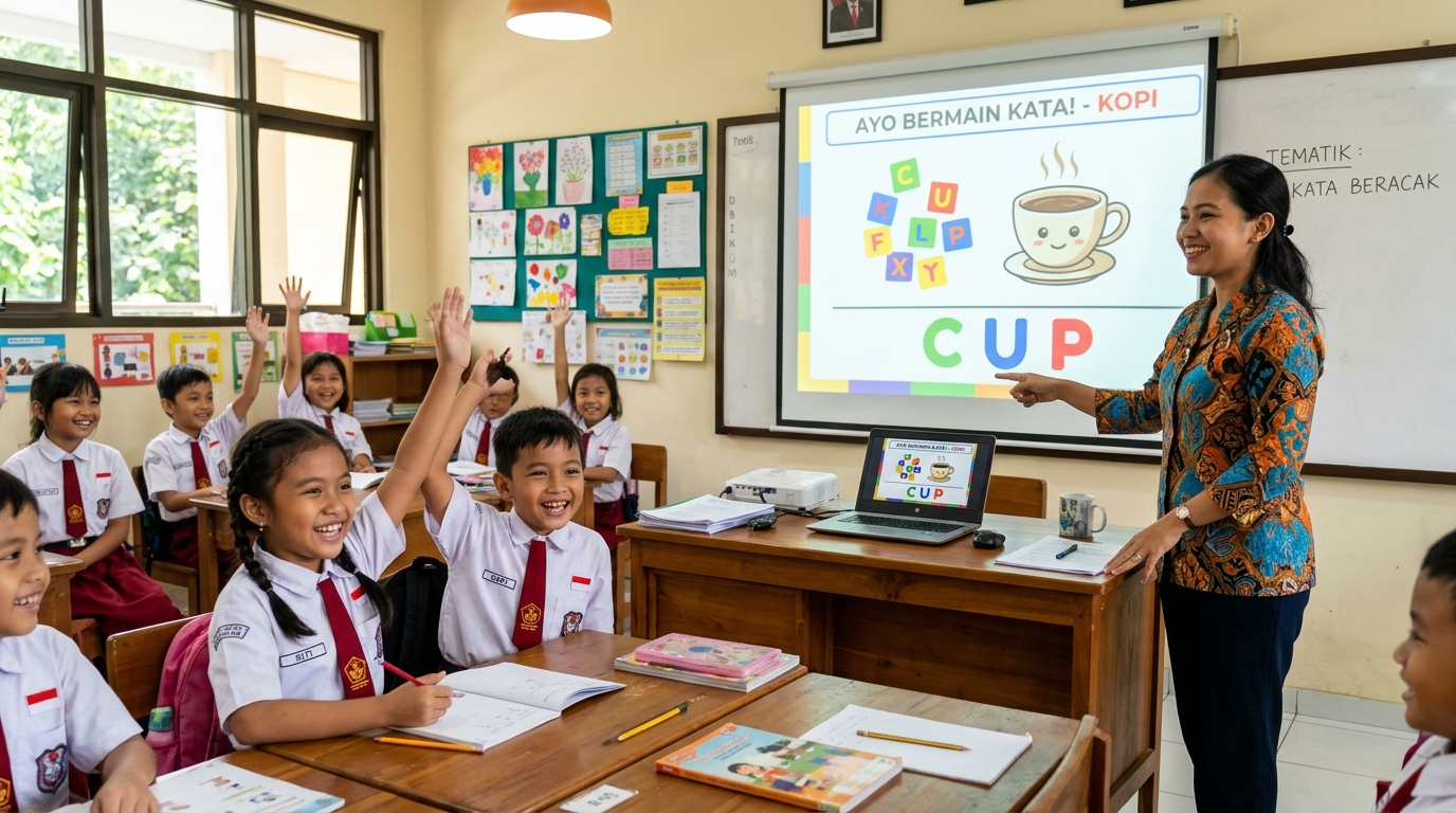 Guru SD mengajar kosakata dengan proyektor kelas